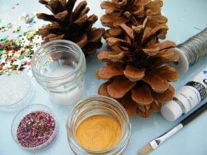 natural christmas tree decorations - pine cones and equipment