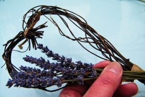 attaching dried lavender heart wreath